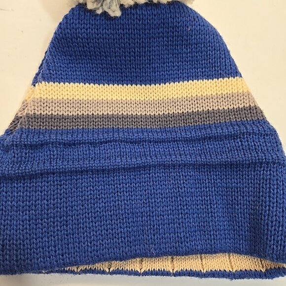 VTG Wigwam Mills Winter Hat 100% Wool Knit Blue Striped Pom Hat 90s Made in USA - Picture 1 of 7